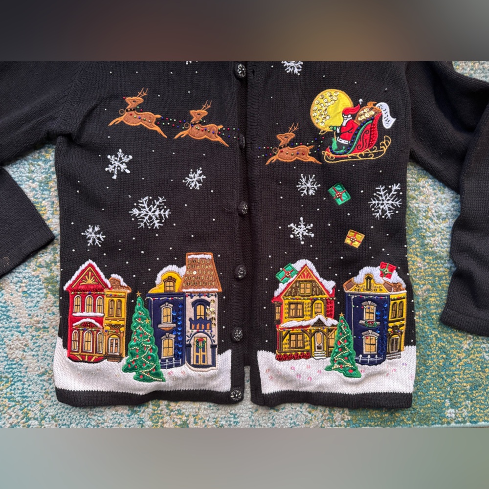Vintage Basic Editions embroidered Santa holiday cardigan sweater, size XL - Picture 9 of 16